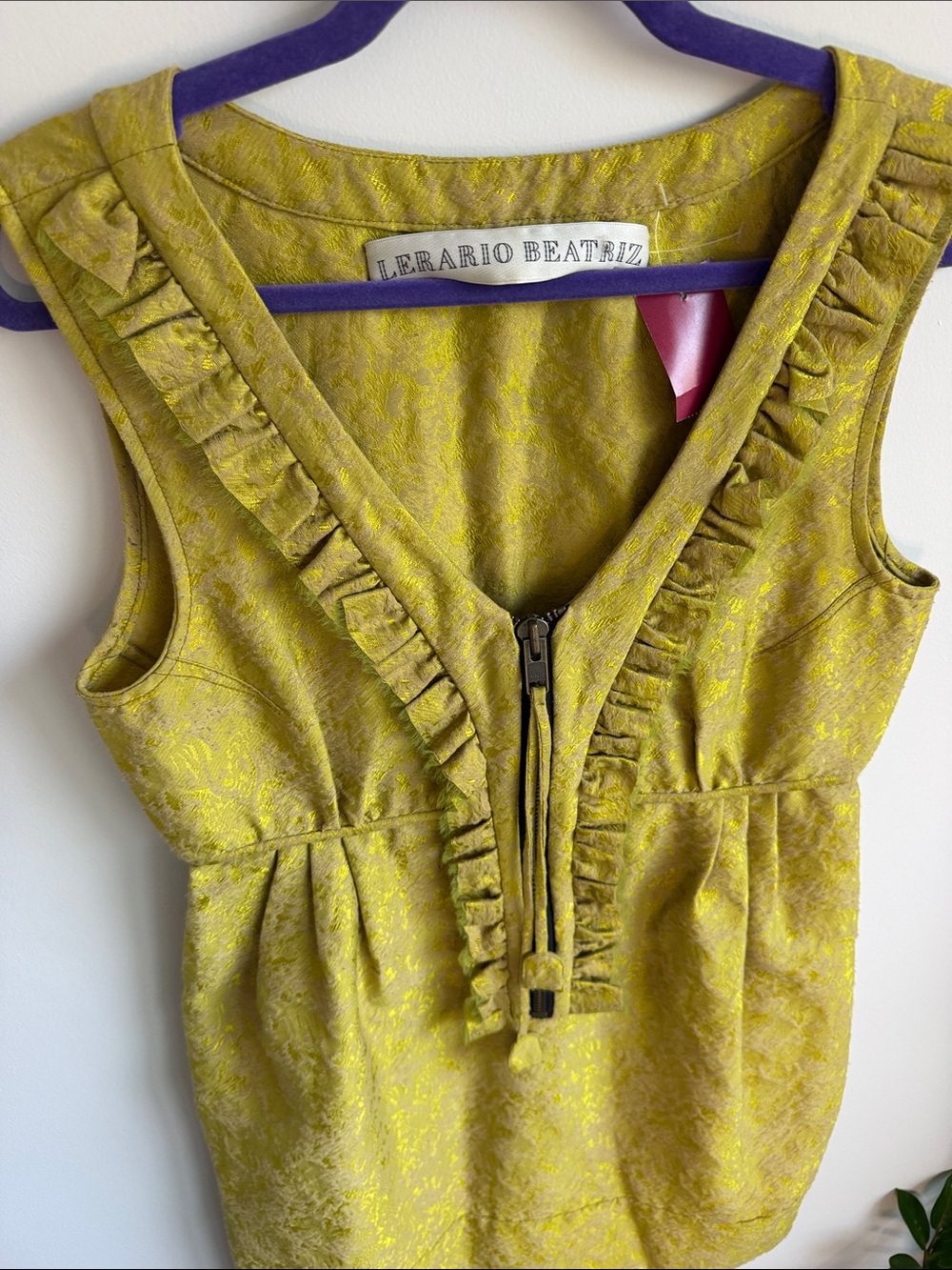 Yellow-Green Textured Ruffle Zip Front Dress - Picture 5 of 7